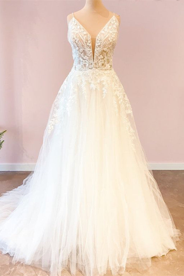 Wedding Dress Elegant, Long A-Line Sweetheart Spaghetti Straps Tulle Wedding Dress