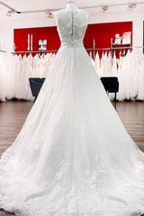 Wedding Dresses Tulle Lace, Long A-line Tulle Jewel Lace Appliques Wedding Dresses