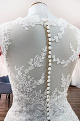 Wedding Dresses Sleeve Lace, Long A-line Tulle Jewel Lace Appliques Wedding Dresses