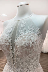 Wedding Dresses Country, Long A-line Tulle  Open Back Halter Sleeveless Lace Wedding Dresses