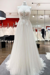 Wedding Dress Southern, Long A-line Tulle  Open Back Halter Sleeveless Lace Wedding Dresses