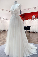 Wedding Dress Ball Gowns, Long A-line Tulle V Neck Open Back Appliques Lace Wedding Dress