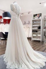 Wedding Dresses Ball Gowns, Long A-line Tulle V Neck Open Back Appliques Lace Wedding Dress