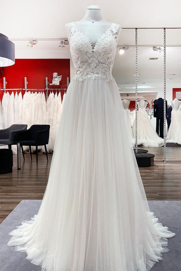 Wedding Dress With Pocket, Long A-line Tulle V Neck Open Back Appliques Lace Wedding Dress