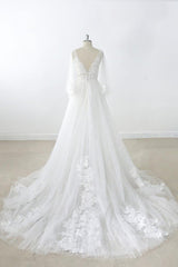Wedding Dress Sleeves Lace, Long A-line V-neck Appliques Lace Tulle Backless Wedding Dress with Sleeves
