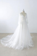 Wedding Dresses Sleeve Lace, Long A-line V-neck Appliques Lace Tulle Backless Wedding Dress with Sleeves