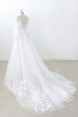 Wedding Dresses Sleeves Lace, Long A-line V-neck Appliques Lace Tulle Backless Wedding Dress with Sleeves