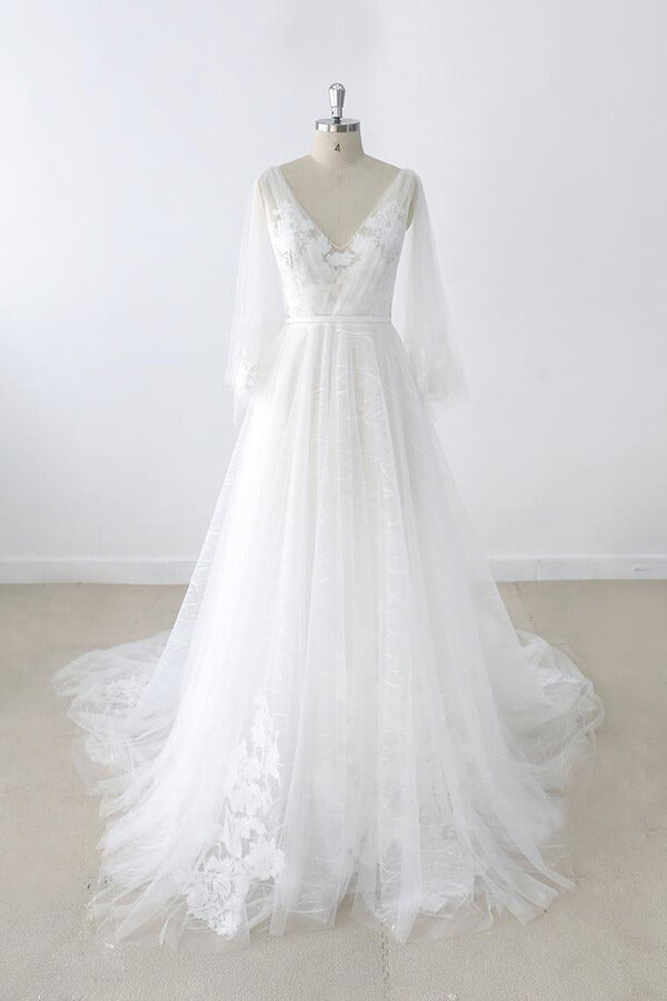 Wedding Dresses Tulle Lace, Long A-line V-neck Appliques Lace Tulle Backless Wedding Dress with Sleeves