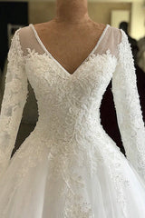 Weddings Dresses Bridesmaid, Long A-line V-neck Appliques Lace Tulle Wedding Dress with Sleeves