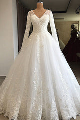 Wedding Dress Bridesmaids, Long A-line V-neck Appliques Lace Tulle Wedding Dress with Sleeves