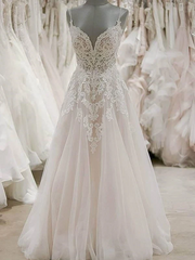 Wedding Dress Perfect For Summer, Long A-line V-neck Spaghetti Straps Appliques Tulle Wedding Dress