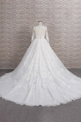 Wedding Dresses Simple Elegant, Long A-line V-neck Tulle Appliques Lace Wedding Dress with Sleeves