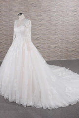 Wedding Dresses Lace Romantic, Long A-line V-neck Tulle Appliques Lace Wedding Dress with Sleeves