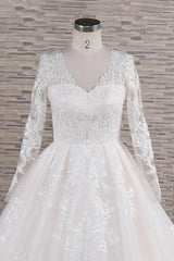 Wedding Dresses Train, Long A-line V-neck Tulle Appliques Lace Wedding Dress with Sleeves