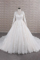 Wedding Dress Simple Elegant, Long A-line V-neck Tulle Appliques Lace Wedding Dress with Sleeves