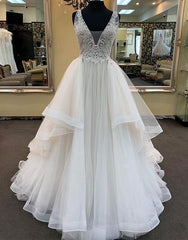 Wedding Dress Uk, Long A-line V-neck Tulle Lace Wedding Dress