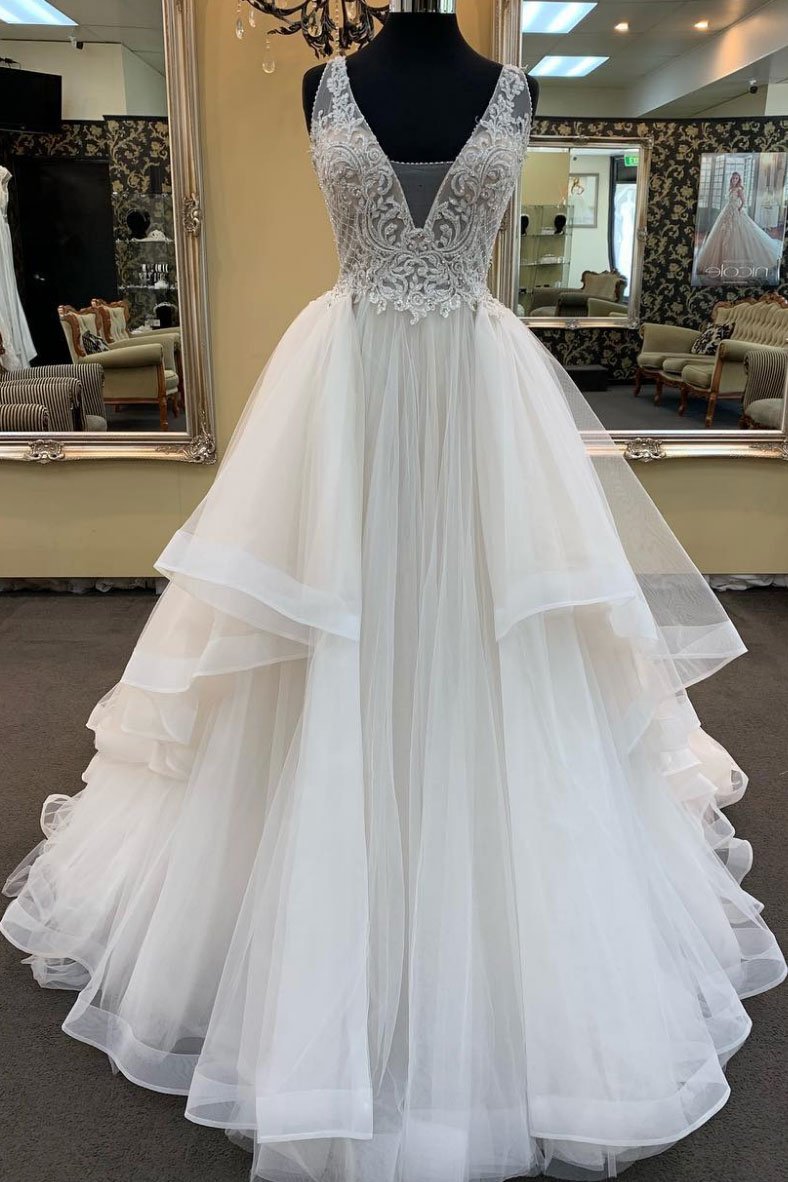 Weddings Dresses Uk, Long A-line V-neck Tulle Lace Wedding Dress
