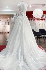 Wedding Dress Store, Long A-line V-neck Tulle Lace White Ruffles Wedding Dresses