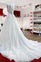 Wedding Dresses Store, Long A-line V-neck Tulle Lace White Ruffles Wedding Dresses