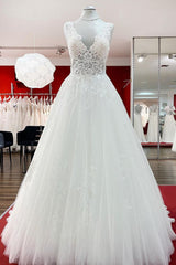 Wedding Dress Lookbook, Long A-line V-neck Tulle Lace White Ruffles Wedding Dresses