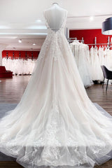 Wedding Dress Flowers, Long A-line V-neck Tulle Sleeveless Appliques Lace Backless Wedding Dress