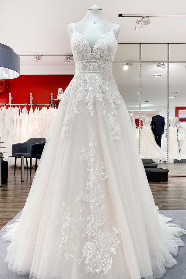 Wedding Dress Flower, Long A-line V-neck Tulle Sleeveless Appliques Lace Backless Wedding Dress