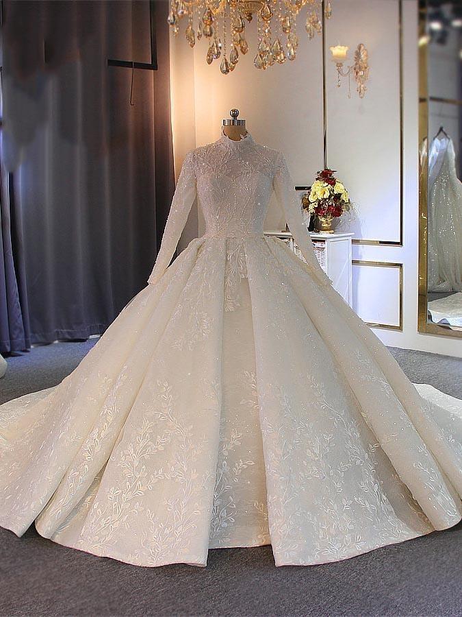 Wedding Dresse Lace, Long Ball Gown High Neck Tulle Lace Wedding Dresses with Sleeves