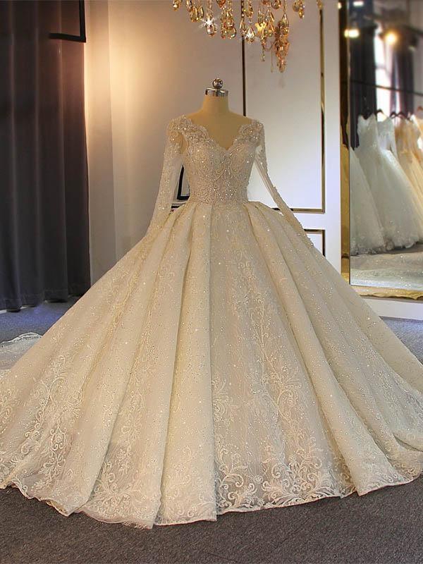 Wedding Dresses Brides, Long Ball Gown Lace-Up Sparkling V-Neck Wedding Dresses with Sleeves
