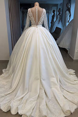 Wedding Dress Lace Simple, Long Ball Gown Satin V-neck Wedding Dress with Sleeves