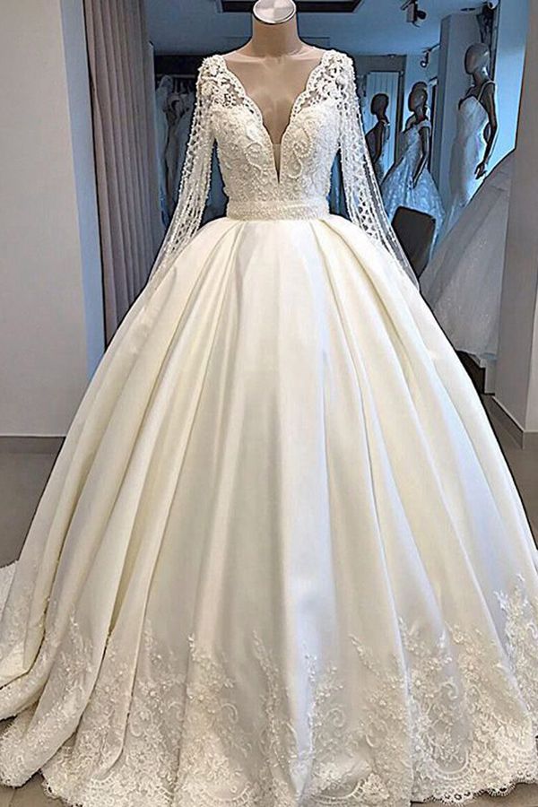 Weddings Dresses Lace Simple, Long Ball Gown Satin V-neck Wedding Dress with Sleeves