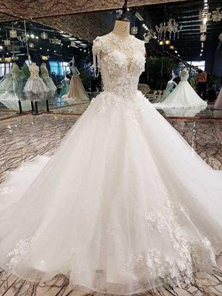 Weddings Dresses Fall, Long Ball Gown Sweetheart Appliques Tulle Wedding Dresses