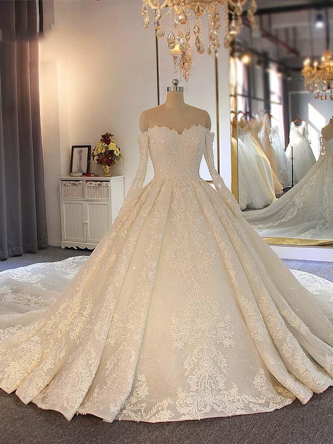 Wedding Dressed Lace, Long Ball Gown Sweetheart Lace Beading Wedding Dresses with Sleeves