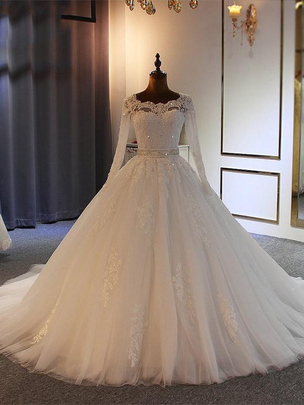 Wedding Dress Vintage Style, Long Ball Gown Sweetheart Tulle Lace Wedding Dresses with Sleeves