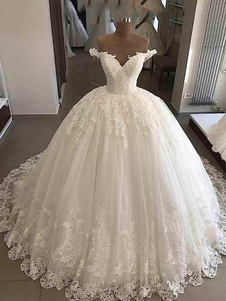Wedding Dresses Under, Long Ball Gown V-Neck Lace Tulle Wedding Dresses