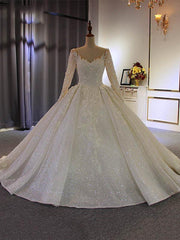 Wedding Dress Chic, Long Ball Gown V Neck Sequins Wedding Dresses with Sleeves