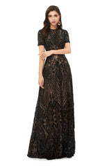 Prom Dress Pattern, Long Black Sparkly Sequins Prom Dresses With Short Sleeves