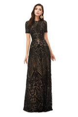 Prom Dresses Patterned, Long Black Sparkly Sequins Prom Dresses With Short Sleeves