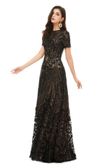 Prom Dress Patterns, Long Black Sparkly Sequins Prom Dresses With Short Sleeves