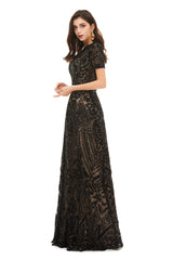 Prom Dresses With Slits, Long Black Sparkly Sequins Prom Dresses With Short Sleeves