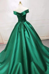 Prom Dress With Sleeves, Long Green Satin V-neck Ball Gowns Prom Dresses Off The Shoulder
