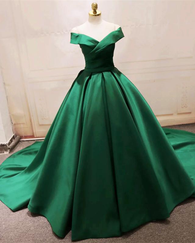 Prom Dresses Princess Style, Long Green Satin V-neck Ball Gowns Prom Dresses Off The Shoulder