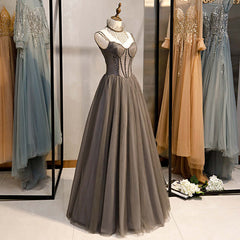 Bridesmaids Dresses Color Schemes, Long Grey Tulle Prom Dress Corset With Beaded Neck A Line