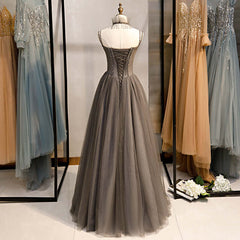 Bridesmaid Dress Color Schemes, Long Grey Tulle Prom Dress Corset With Beaded Neck A Line