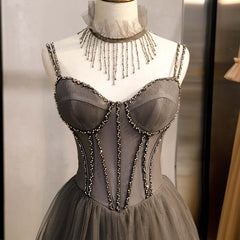 Bridesmaid Dresses Color Scheme, Long Grey Tulle Prom Dress Corset With Beaded Neck A Line