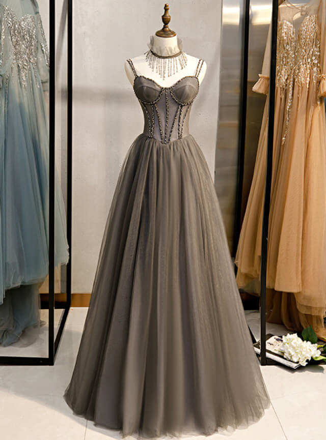 Bridesmaid Dresses Color Schemes, Long Grey Tulle Prom Dress Corset With Beaded Neck A Line