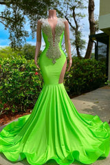 Party Dress Bling, Long Mermaid Deep Sequined V-neck Stretch Satin Backless Prom Dress with Appliques