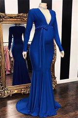 Party Dress Nye, Long Mermaid Deep V-neck Pregnant Formal Evening Dress with Sleeves