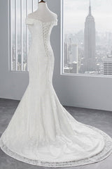 Wedding Dresses Style, Long Mermaid Lace Off Shoulder Lace-up Wedding Dress