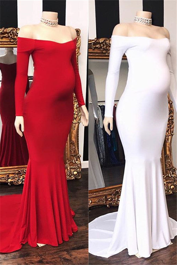 Party Dresses Long Sleeved, Long Mermaid Off-the-shoulder Pregnant Formal Evening Dress with Sleeves
