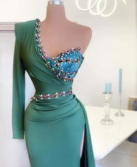 Party Dress Open Back, Long Mermaid One Shoulder Front Slit Prom Dress With Sleeves